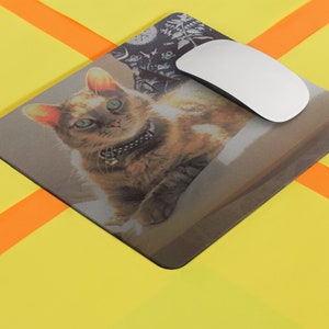 Op de afbeelding: Een bruin-witte tabbykat met groene ogen zit op een grijs-witte gepatroneerde muismat. De kat draagt een zwarte halsband met een zilveren hanger. Een witte computermuis ligt op de muismat.