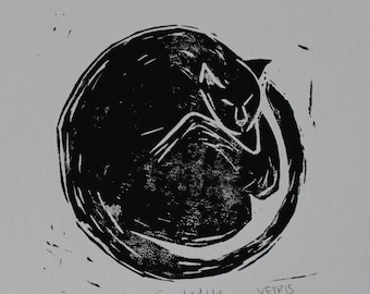 Sleeping cat linocut handmade block print 5x7 original art