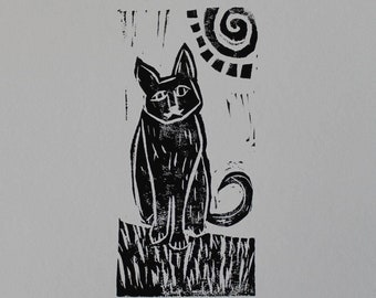 Sunny cat linocut handmade original art block print 5x7