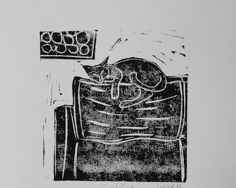 Cat on couch linocut handmade original art block print 5x7