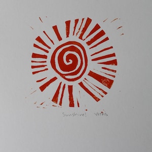 Sunshine swirl handmade 5x7 original linocut block print orange or pink ink