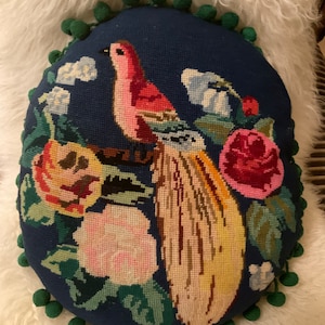 Vintage wool needlepoint bird of paradise feather cushion