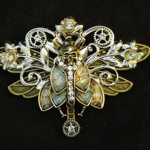 Beautiful Gothic Goth Art Nouveau Steampunk Death's Head Hawkmoth Steampunk Dragonfly Brooch with filigrees and flowers