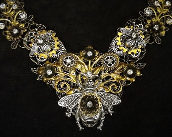 Steampunk  Art Nouveau Silver Bee and Gold Filigree Bronze Articulated Necklace with gears, flowers, leaves and crystals