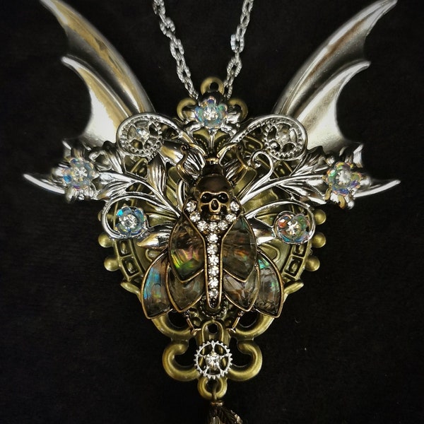 Goth Gothic Art Nouveau Death's Head Hawkmoth Steampunk Pendant Necklace + antique silver wings, filigrees, flowers, gears and crystal drop