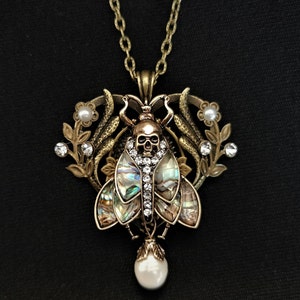 Gothic Art nouveau Goth Death's Head Hawkmoth bronze pendant + pearlescent abalone-style wings, pearl drop, and diamante rhinestone crystals