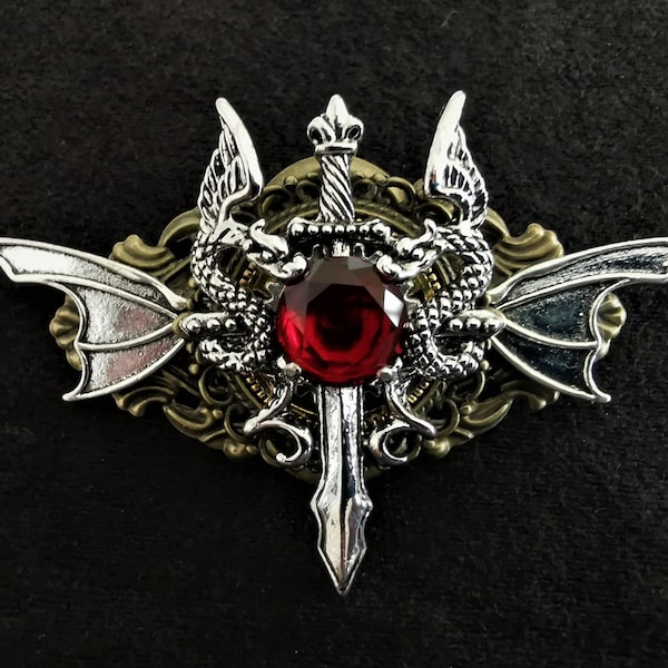 Gorgeous Goth jewelry brooch - Gothic Steampunk Fantasy-themed pin brooch with silver dragons, sword, and ruby red crystal rhinestone