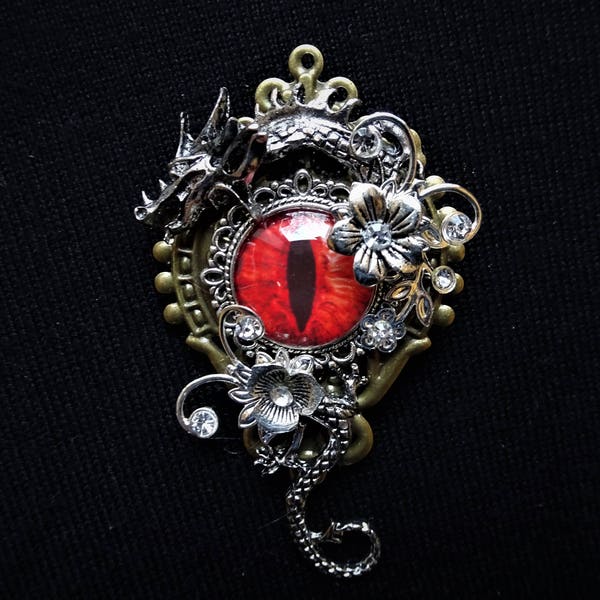 Stunning Steampunk Goth Fantasy-themed Year of The Dragon pin brooch - red eye, curled silver dragon, with flowers and rhinestone crystals