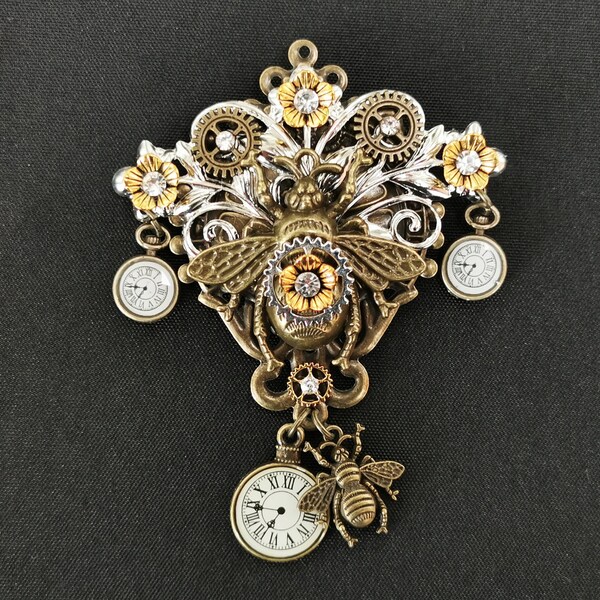 NEW! - Beautiful Steampunk Queen Bee Pocket Watch Pin Brooch + bronze bee, flowers, foliage, gears, hanging pocket watch charms & crystals