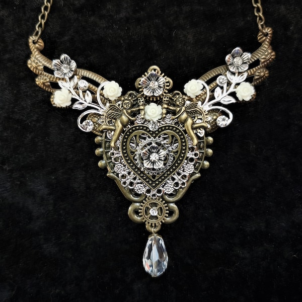Gorgeous Steampunk jewelry - Romantic handmade bib necklace in bronze and silver tones with heart, cherubs, flowers & crystal drop