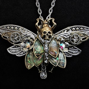Gothic Art nouveau Death's Head Hawkmoth and silver dragonfly Goth pendant necklace with abalone-style inlays and rhinestone crystals