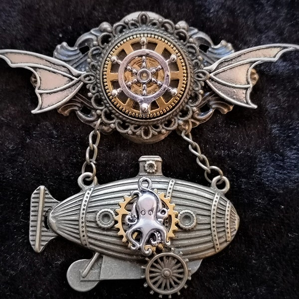 Jules Verne Captain Nemo Nautilus-inspired Steampunk Fantasy winged submarine brooch pin badge medal + ships wheel giant squid octopus charm