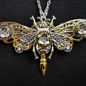 Steampunk Queen Bee Pendant Necklace:  Silver Dragonfly, Golden Wings, Rhinestone Crystals