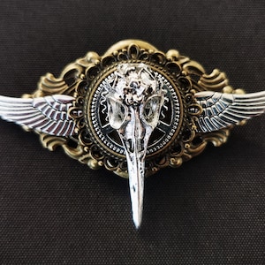 Steampunk Raven Skull Pin: Winged Goth Brooch, Bronze & Silver Gears