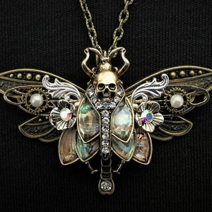 Gothic Art nouveau Death's Head Hawkmoth and bronze dragonfly Goth pendant necklace abalone-style inlays, half pearls, & rhinestones image 1