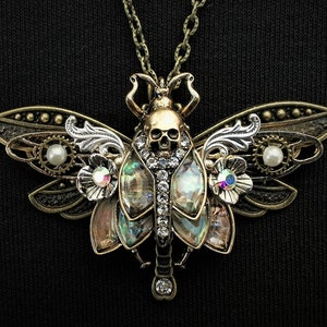 Gothic Art nouveau Death&#39;s Head Hawkmoth and bronze dragonfly Goth pendant necklace + abalone-style inlays, half pearls, & rhinestones