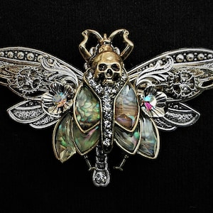 Gothic Art nouveau Death&#39;s Head Hawkmoth and silver dragonfly pin brooch with abalone-style inlays and diamante rhinestone crystals