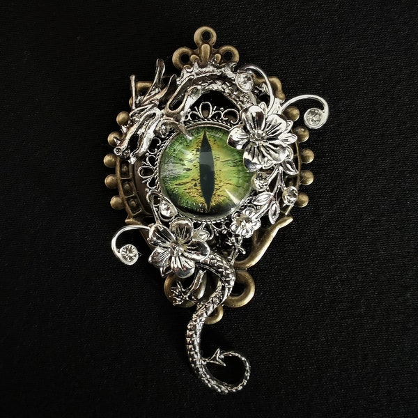 Fabulous Goth Fantasy-themed Steampunk Year of the Dragon pin brooch with green eye, curled silver dragon, flowers and diamante rhinestones