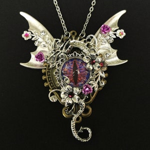 NEW! - Fantasy Gothic Steampunk Goth Year of the Dragon pendant necklace with antique silver wings, purple dragon eye & curled silver dragon