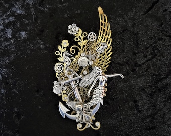 Mermaid Steampunk Ren Faire Brooch: Winged Filigree Pin with Sea Themed Charms