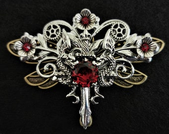 Gorgeous Gothic Steampunk pin brooch with silver dragons, sword, flowers, and red crystal rhinestones