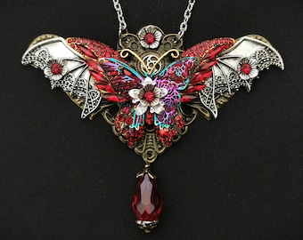 NEW! - Gothic Steampunk Goth Fantasy-themed Pendant Necklace - iridescent & red crystal butterflies, antique silver wings, red crystal drop