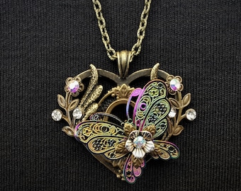 Romantic fantasy Steampunk jewelry - Adorable bronze heart-shaped pendant necklace with iridescent filigree butterfly & rhinestone crystals