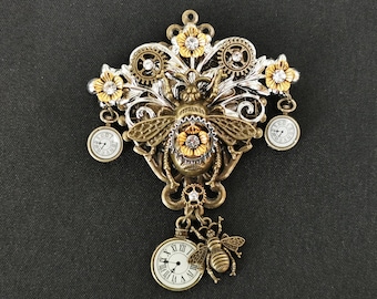 NEW! - Beautiful Steampunk Queen Bee Pocket Watch Pin Brooch + bronze bee, flowers, foliage, gears, hanging pocket watch charms & crystals