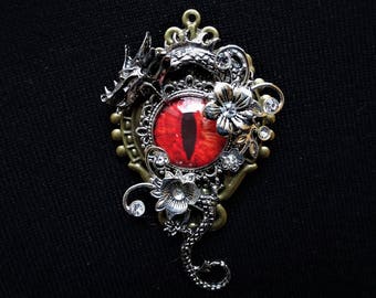 Stunning Steampunk Goth Fantasy-themed Year of The Dragon pin brooch - red eye, curled silver dragon, with flowers and rhinestone crystals