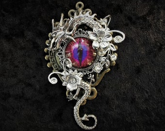 Gorgeous Gothic Fantasy Steampunk Goth dragon pin brooch with purple eye beneath curled silver dragon, flowers & diamante crystals