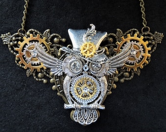 Steampunk jewelry Owl in top hat bib necklace - bronze filigree base, silver winged owl and top hat charms, golden cogs gears & rhinestones
