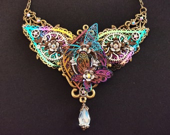 NEW! - Beautiful Steampunk Fae Fairy Necklace with Iridescent Butterflies, silver gears and flowers, rhinestones, and crystal drop