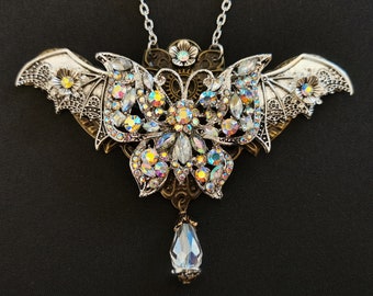 NEW! - Stunning Gothic Steampunk Goth Fae Fairy Pendant Necklace with iridescent rhinestone crystal butterfly, silver wings and crystal drop