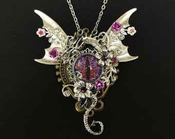 NEW! - Fantasy Gothic Steampunk Goth Year of the Dragon pendant necklace with antique silver wings, purple dragon eye & curled silver dragon