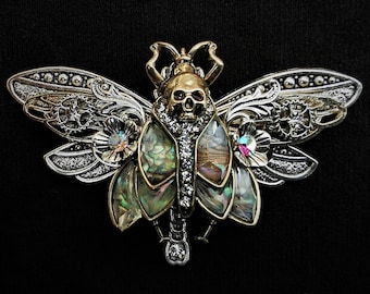 Gothic Art nouveau Death's Head Hawkmoth and silver dragonfly pin brooch with abalone-style inlays and diamante rhinestone crystals