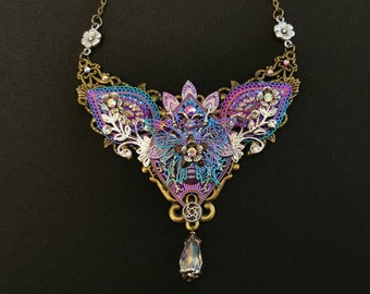 NEW! - Stunning Steampunk Fantasy Fae Fairy Butterfly and Queen Bee Necklace in purple, pink, blue & silver with rhinestones + crystal drop