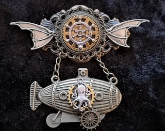 Jules Verne Captain Nemo Nautilus-inspired Steampunk Fantasy winged submarine brooch pin badge medal + ships wheel giant squid octopus charm