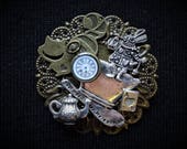 Alice in Wonderland inspired Steampunk pin brooch White Rabbit, Cheshire Cat, Mad Hatter hat, teapot, playing card, pocket watch charms