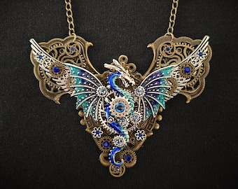 Steampunk Dragon Necklace: Enamelled Blue Dragon, Silver Wings, Gears & Crystals