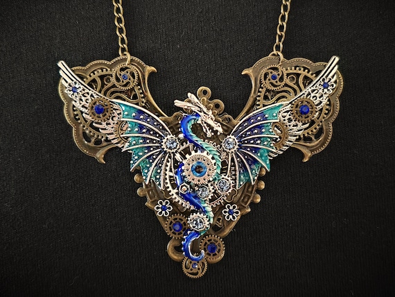 Steampunk Dragon Necklace: Enamelled Blue Dragon, Silver Wings, Gears & Crystals
