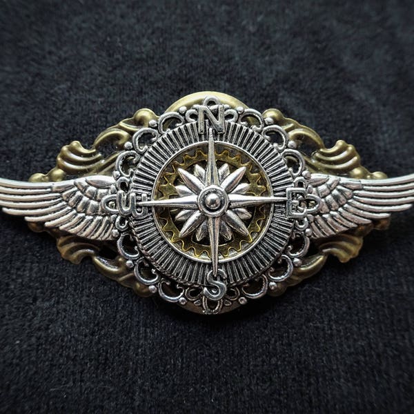 Steampunk Airman Aviator Pilot Explorer Pin Badge and Brooch - Winged flying travel lover's pin badge brooch featuring silver compass charm