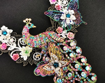 NEW! - Fabulous Iridescent Fantasy Fairy Steampunk Peacock & Butterfly Articulated Necklace with rhinestone crystals, flowers and gears