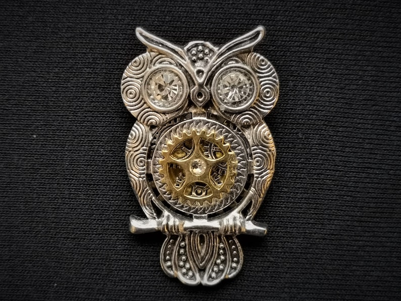 May include: A silver and gold owl pendant with a detailed design and a gear in the center. The owl's eyes are adorned with clear rhinestones.