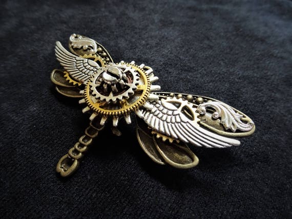 steampunk jewellery brooch badge pin dragonfly purple fantasy insect wings fae