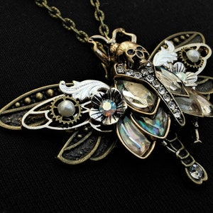 Gothic Art nouveau Death's Head Hawkmoth and bronze dragonfly Goth pendant necklace abalone-style inlays, half pearls, & rhinestones image 2