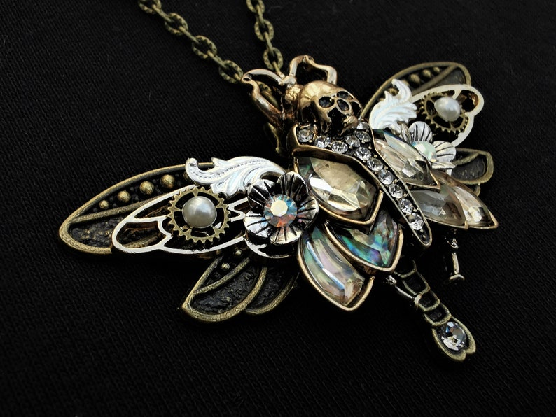 Gothic Art nouveau Death's Head Hawkmoth and bronze dragonfly Goth pendant necklace abalone-style inlays, half pearls, & rhinestones image 2