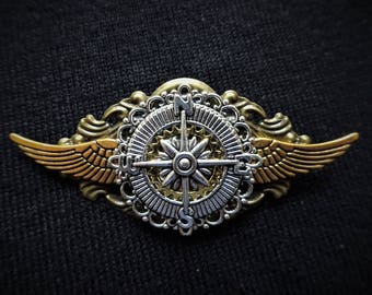 Steampunk Aviator Pilot Pin Brooch: Winged Compass Badge