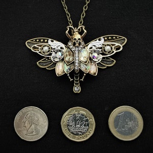 Gothic Art nouveau Death's Head Hawkmoth and bronze dragonfly Goth pendant necklace abalone-style inlays, half pearls, & rhinestones image 5