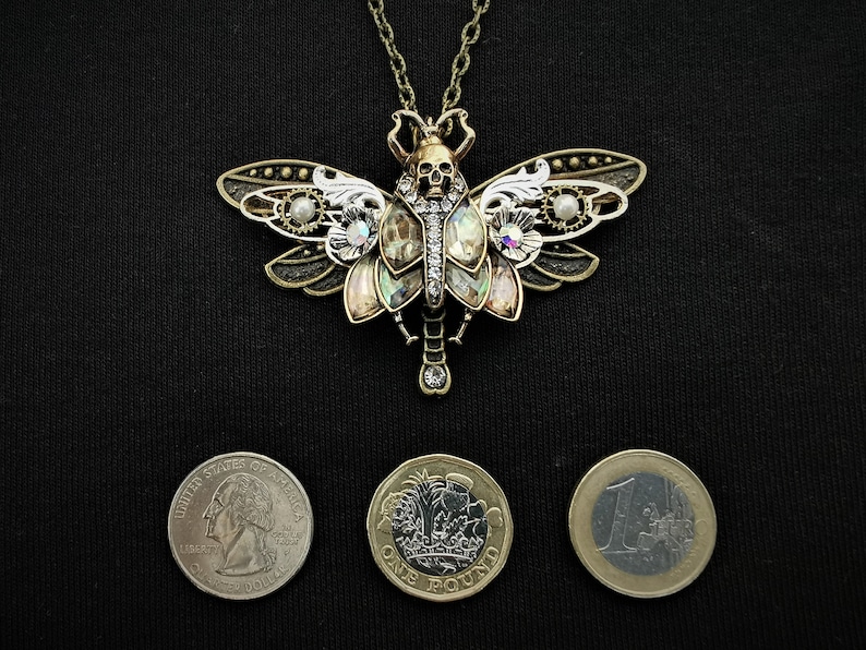 Gothic Art nouveau Death's Head Hawkmoth and bronze dragonfly Goth pendant necklace abalone-style inlays, half pearls, & rhinestones image 5