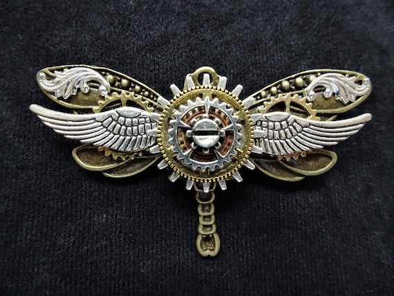 Steampunk Winged Bronze Dragonfly Pin Badge Brooch Featuring Gold